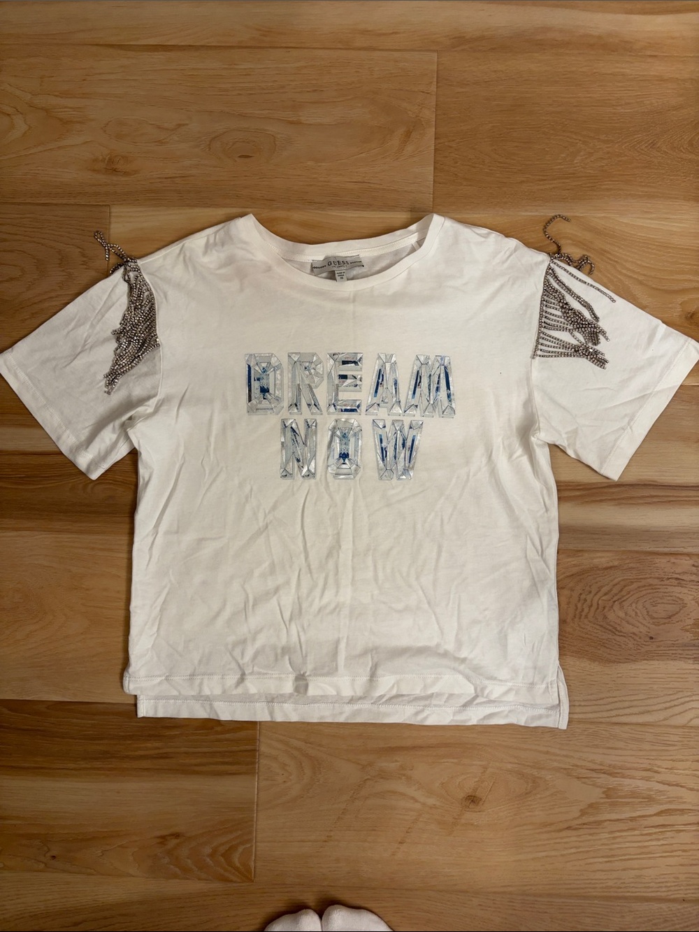 Guess White 'DREAM NOW' Graphic Tee with Silver Fringe